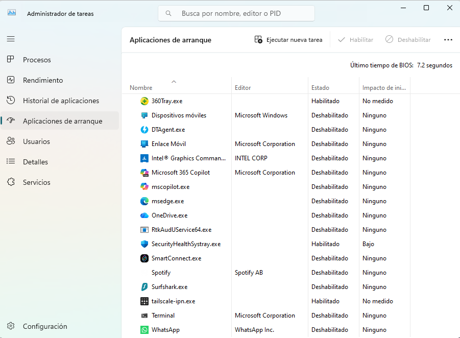 Administrador de tareas de Windows mostrando la pestaña de aplicaciones de inicio