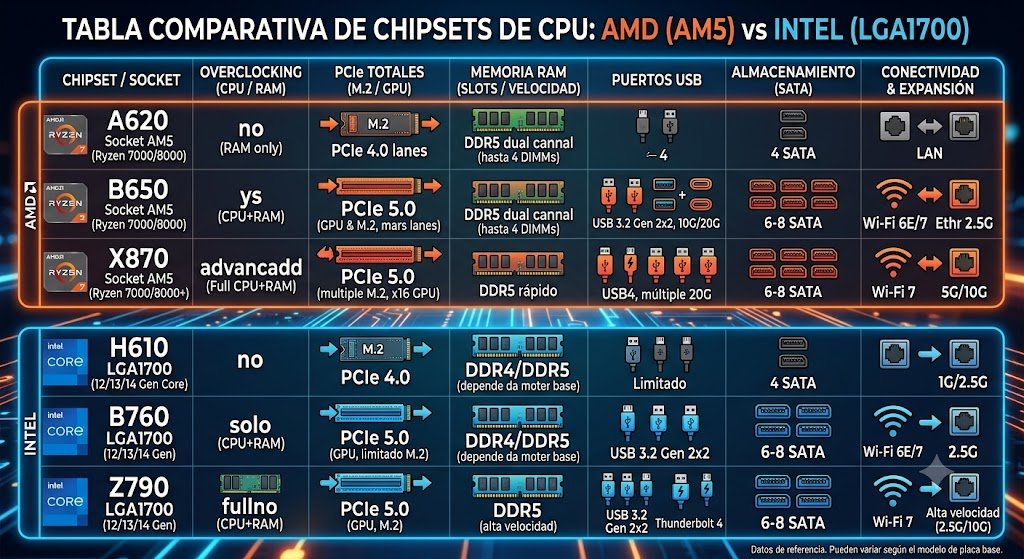 Comparativa de chipsets AMD A620 B650 X870 e Intel H610 B760 Z790 para placas madre modernas
