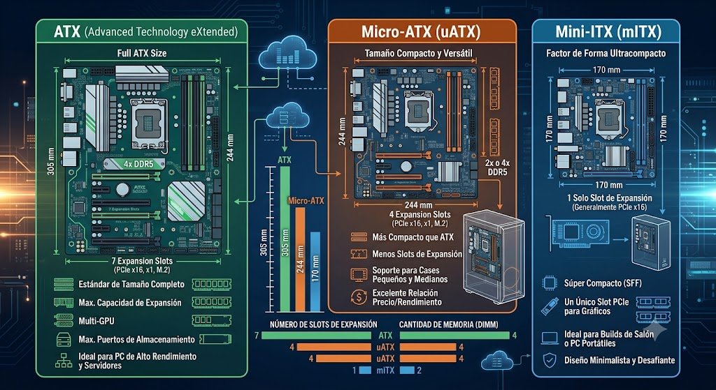 Comparación visual entre motherboards ATX Micro-ATX y Mini-ITX mostrando diferencias de tamaño y expansión