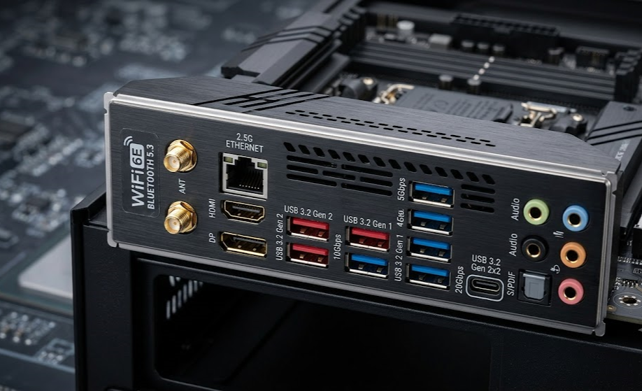 Panel trasero de una motherboard moderna con puertos USB-C USB 3.2 Ethernet WiFi y salidas de video