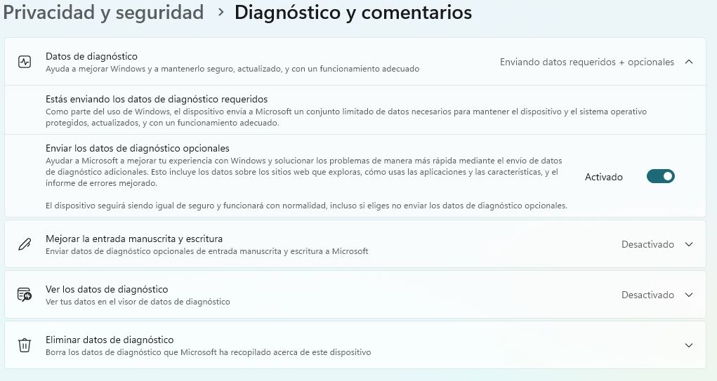 Configuración de privacidad en Windows desactivando el envío de datos de diagnóstico opcionales