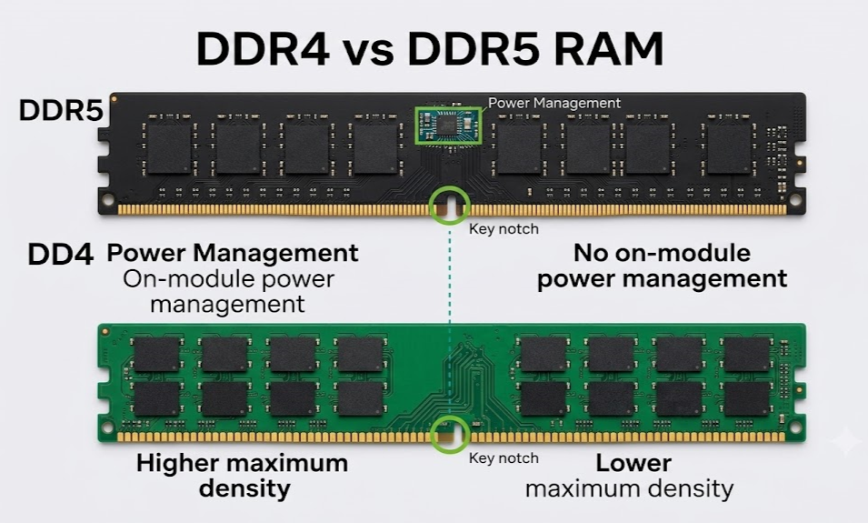 Comparación entre memoria RAM DDR4 y DDR5 instalada en una motherboard moderna