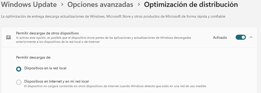 Desactivando la optimización de entrega en los menús de Windows Update