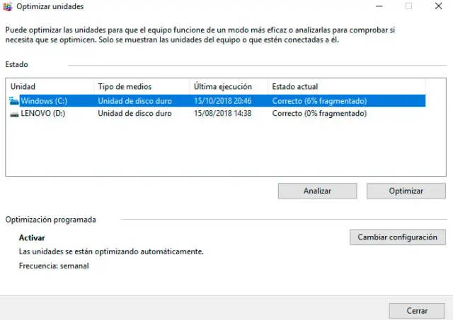 Herramienta Optimizar unidades de Windows mostrando los discos listos para optimizar