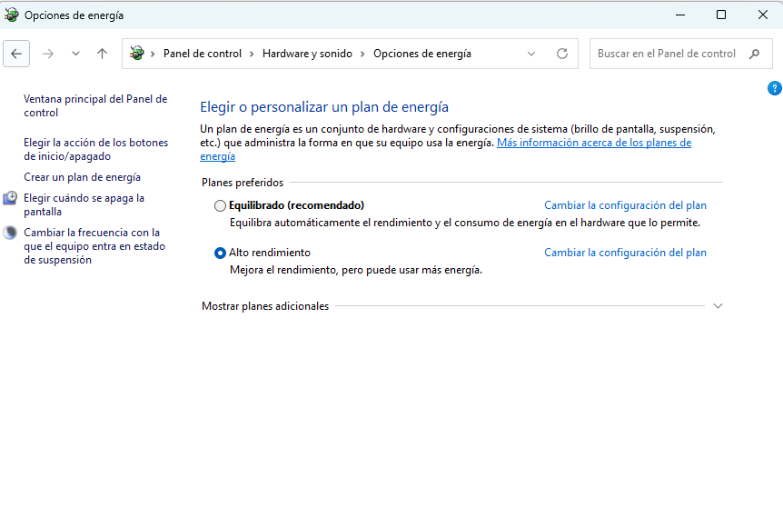 Opciones de energía en Windows seleccionando Alto Rendimiento