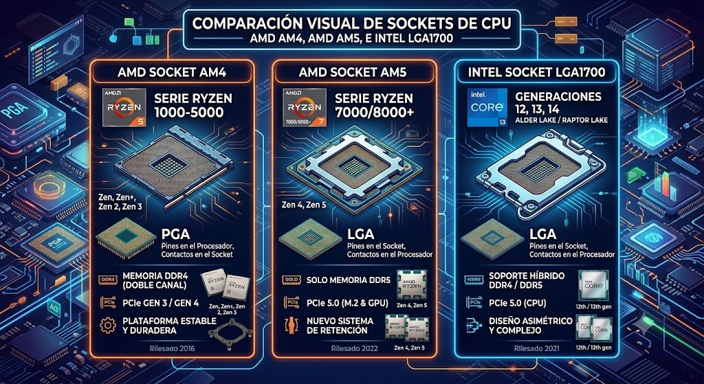 Comparación de sockets AMD AM5, AMD AM4 e Intel LGA1700 utilizados en placas madre modernas