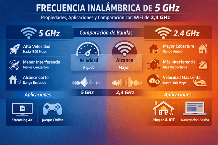 Comparación entre las bandas WiFi de 2.4 GHz y 5 GHz mostrando alcance y velocidad